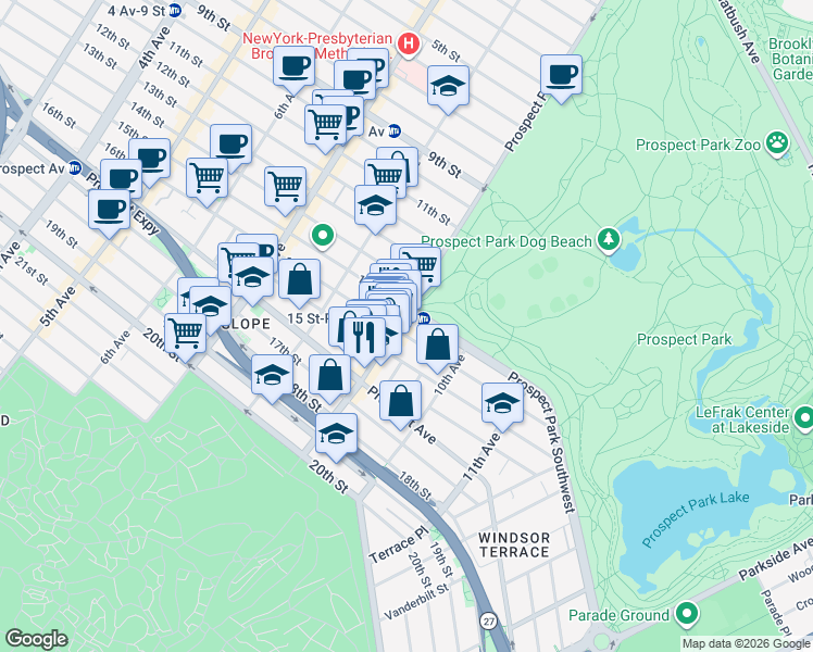 map of restaurants, bars, coffee shops, grocery stores, and more near 207 Prospect Park Southwest in Brooklyn