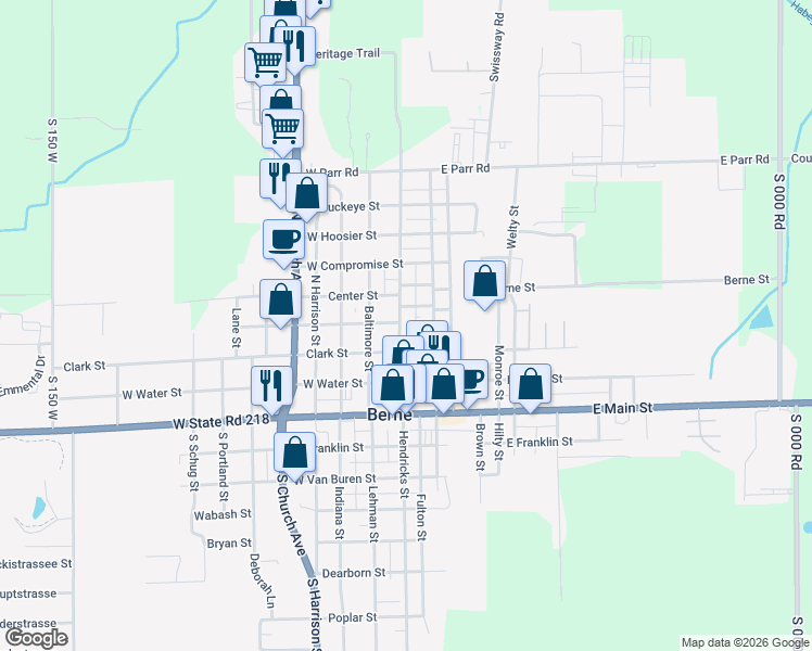 map of restaurants, bars, coffee shops, grocery stores, and more near 361 Sprunger Street in Berne