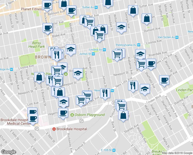 map of restaurants, bars, coffee shops, grocery stores, and more near 558 Powell Street in Brooklyn