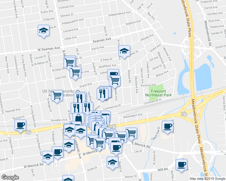 map of restaurants, bars, coffee shops, grocery stores, and more near 115 Broadway in Freeport