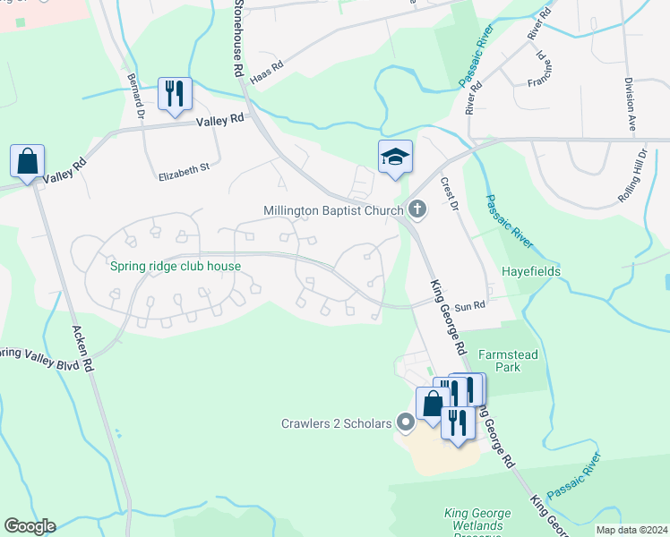 map of restaurants, bars, coffee shops, grocery stores, and more near 33 Commonwealth Drive in Bernards