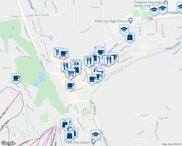 map of restaurants, bars, coffee shops, grocery stores, and more near 1825 Woodbine Way in Park City