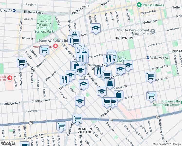 map of restaurants, bars, coffee shops, grocery stores, and more near 287 Rockaway Parkway in Brooklyn