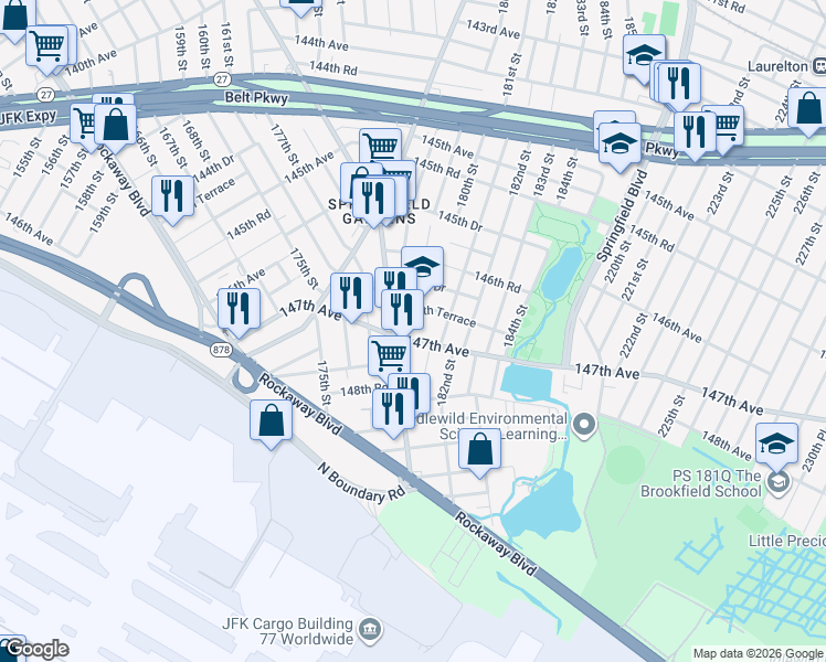 map of restaurants, bars, coffee shops, grocery stores, and more near 178-23 147th Avenue in Queens