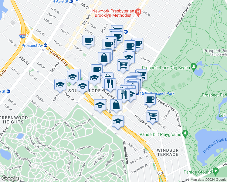 map of restaurants, bars, coffee shops, grocery stores, and more near 1637 8th Avenue in Brooklyn
