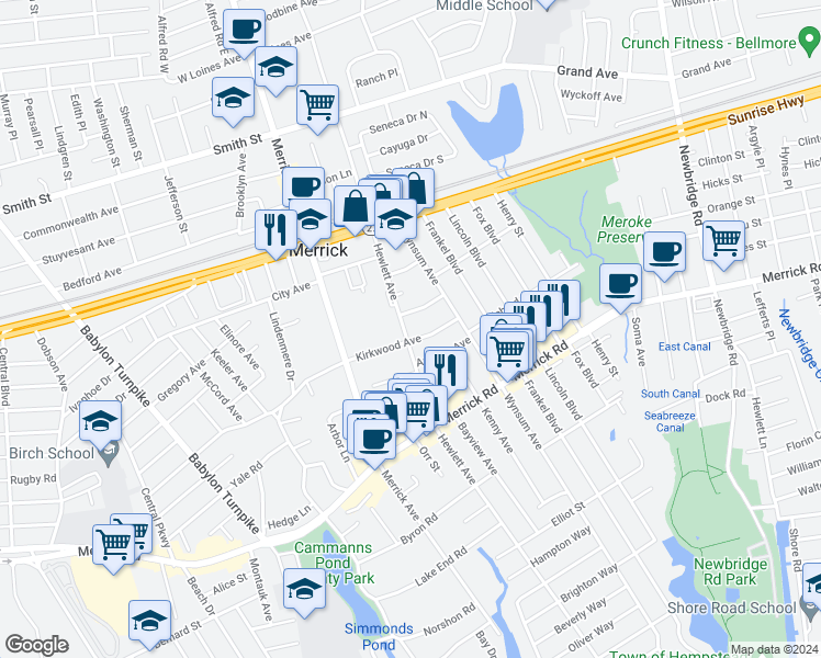 map of restaurants, bars, coffee shops, grocery stores, and more near 97 Hewlett Avenue in Merrick