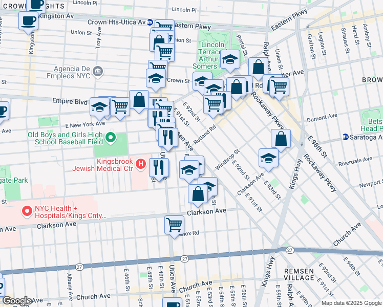 map of restaurants, bars, coffee shops, grocery stores, and more near 914 Rutland Road in Brooklyn