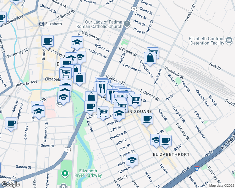 map of restaurants, bars, coffee shops, grocery stores, and more near 24 Jaques Street in Elizabeth