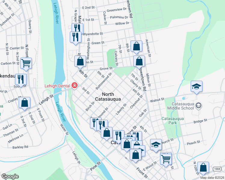 map of restaurants, bars, coffee shops, grocery stores, and more near 1081 5th Street in Catasauqua