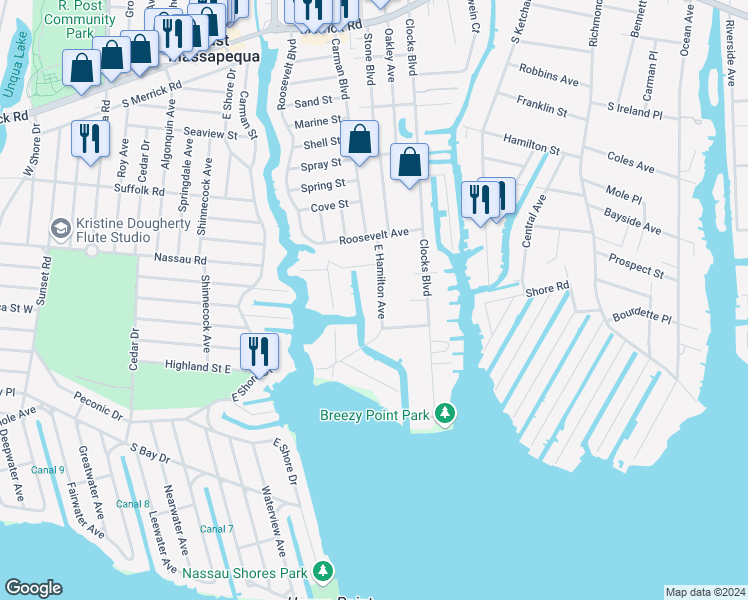 map of restaurants, bars, coffee shops, grocery stores, and more near 16 East Hamilton Avenue in Massapequa