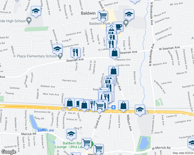 map of restaurants, bars, coffee shops, grocery stores, and more near 3 Florence Street in Baldwin