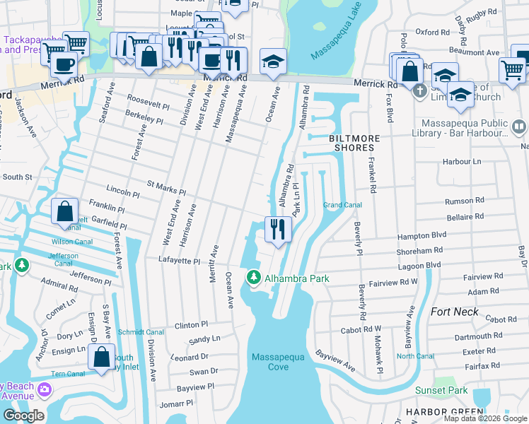 map of restaurants, bars, coffee shops, grocery stores, and more near 222 Saint Marks Place in Massapequa