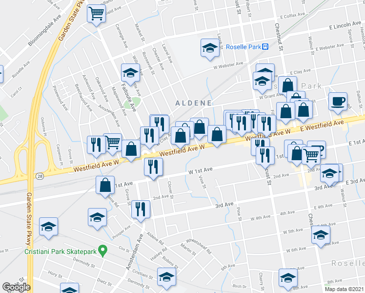 map of restaurants, bars, coffee shops, grocery stores, and more near 305 Westfield Avenue West in Roselle Park