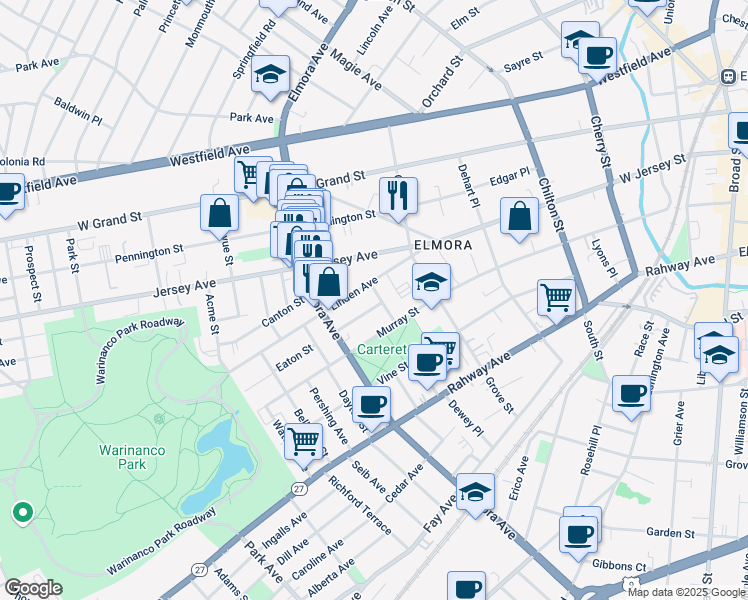 map of restaurants, bars, coffee shops, grocery stores, and more near 82 Clover Street in Elizabeth
