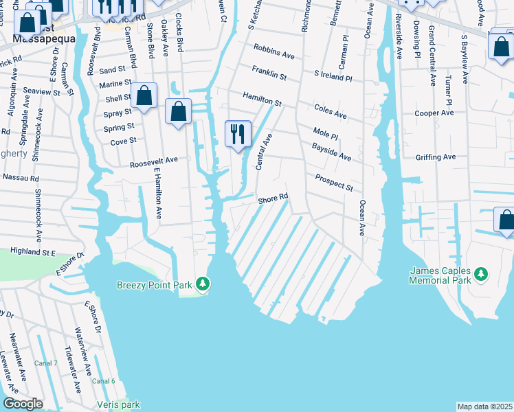 map of restaurants, bars, coffee shops, grocery stores, and more near 62 Shore Road in Amityville