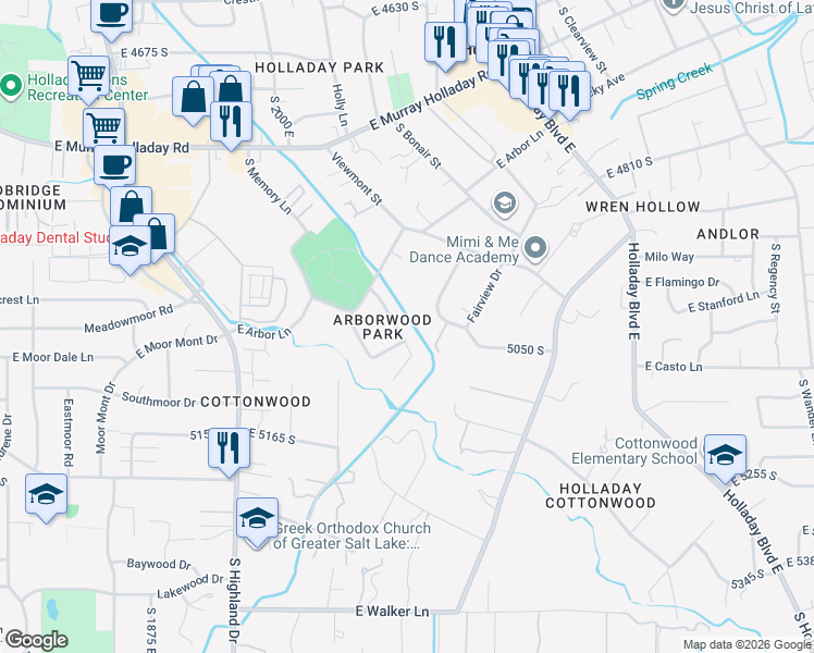map of restaurants, bars, coffee shops, grocery stores, and more near 5003 South Memory Lane in Holladay
