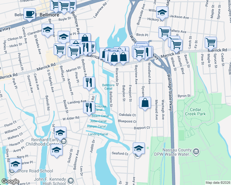 map of restaurants, bars, coffee shops, grocery stores, and more near 2420 Riverside Drive in Wantagh