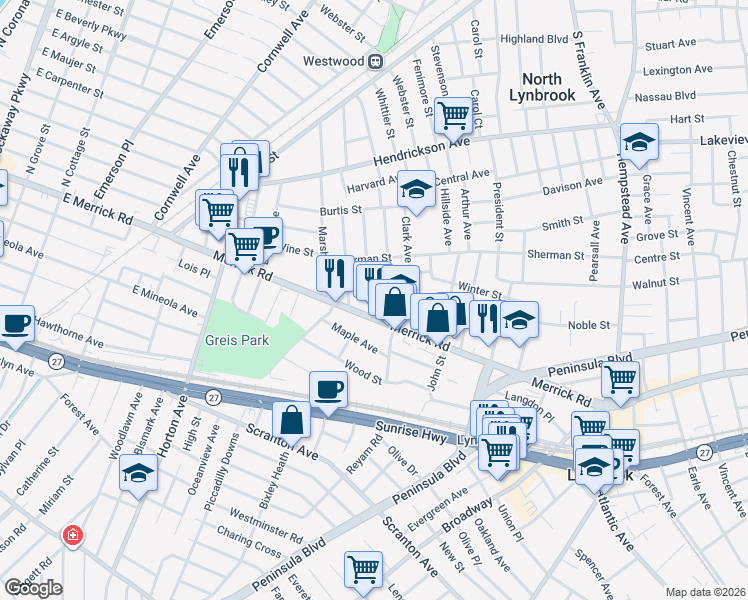map of restaurants, bars, coffee shops, grocery stores, and more near 8 Taft Avenue in Lynbrook