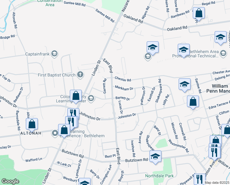 map of restaurants, bars, coffee shops, grocery stores, and more near 3222 East Boulevard in Bethlehem
