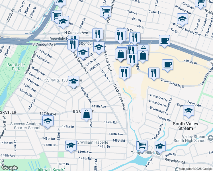 map of restaurants, bars, coffee shops, grocery stores, and more near 140-28 255th Street in Queens