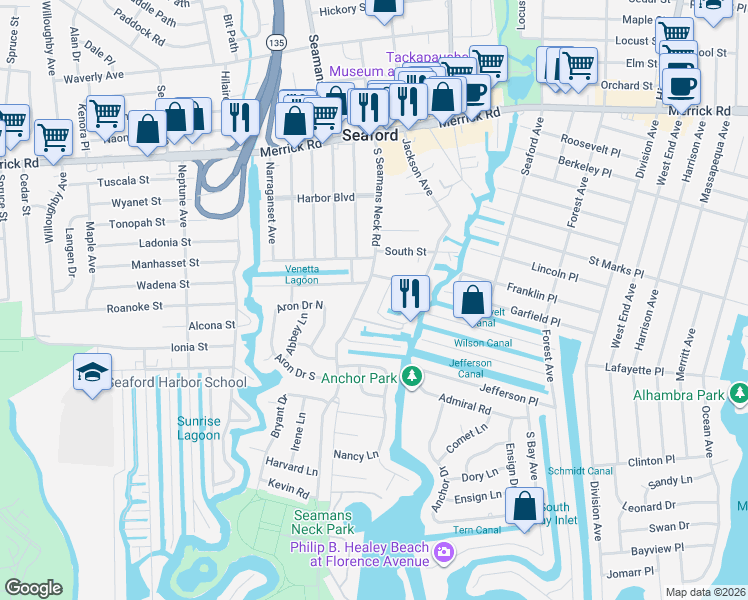 map of restaurants, bars, coffee shops, grocery stores, and more near 2460 Archer St in Seaford