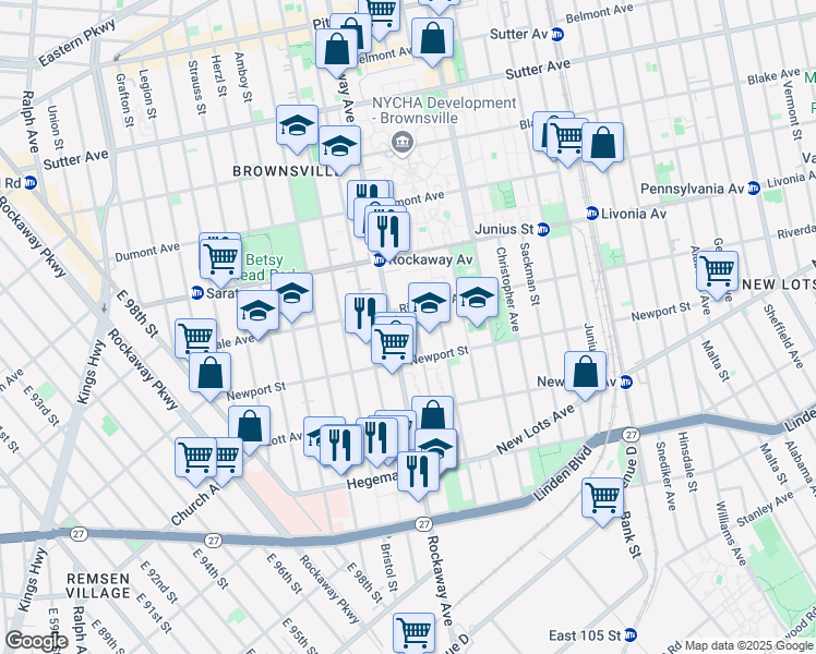 map of restaurants, bars, coffee shops, grocery stores, and more near 785 Rockaway Avenue in Brooklyn