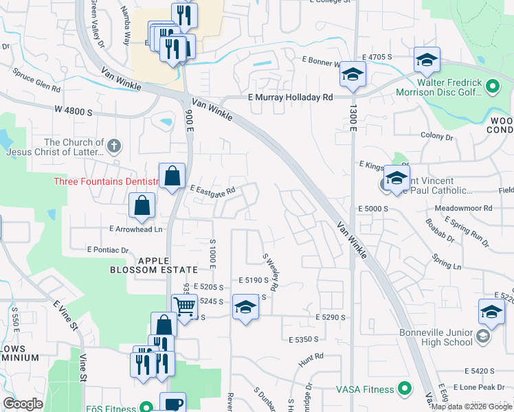 map of restaurants, bars, coffee shops, grocery stores, and more near 4949 South Eastridge Lane in Salt Lake City