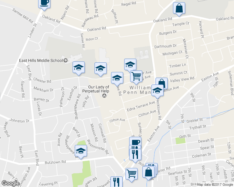 map of restaurants, bars, coffee shops, grocery stores, and more near 3203 Santee Road in Bethlehem