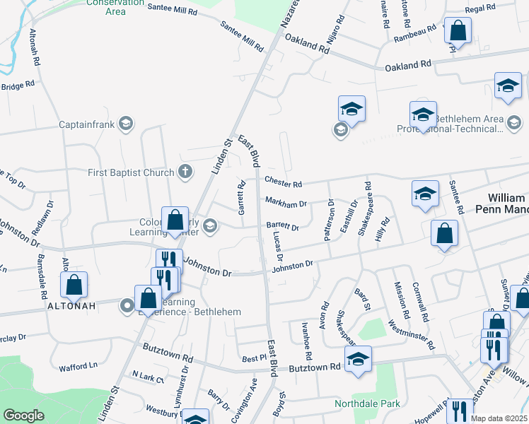map of restaurants, bars, coffee shops, grocery stores, and more near 3222 East Boulevard in Bethlehem
