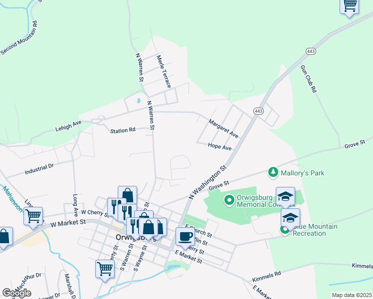 map of restaurants, bars, coffee shops, grocery stores, and more near 629 Lee Street in Orwigsburg