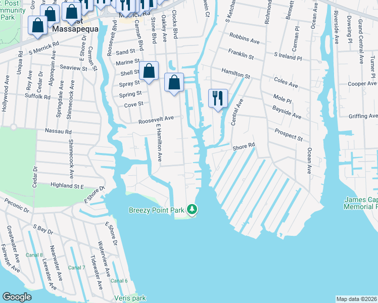map of restaurants, bars, coffee shops, grocery stores, and more near 270 Clocks Boulevard in Massapequa