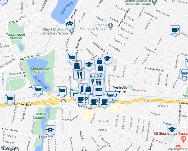 map of restaurants, bars, coffee shops, grocery stores, and more near 57 Clinton Avenue in Rockville Centre