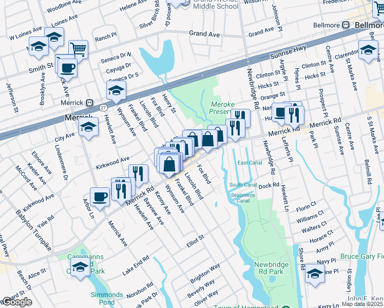 map of restaurants, bars, coffee shops, grocery stores, and more near 2441 Fox Blvd in Merrick