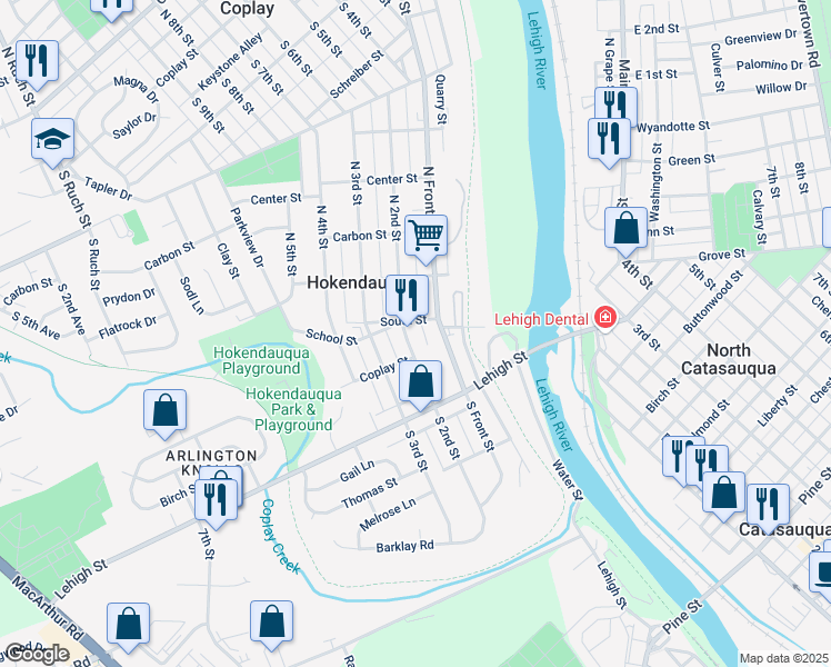map of restaurants, bars, coffee shops, grocery stores, and more near 3012 S 2nd St in Hokendauqua