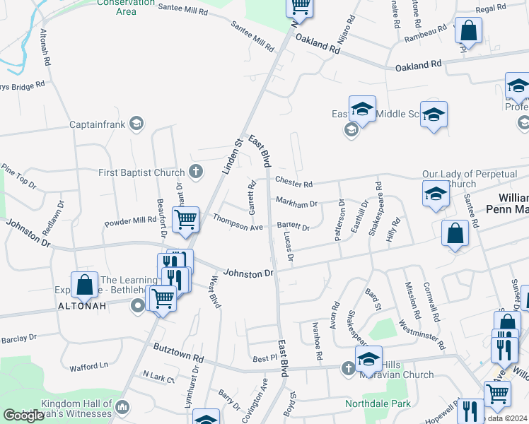 map of restaurants, bars, coffee shops, grocery stores, and more near 3221 East Boulevard in Bethlehem