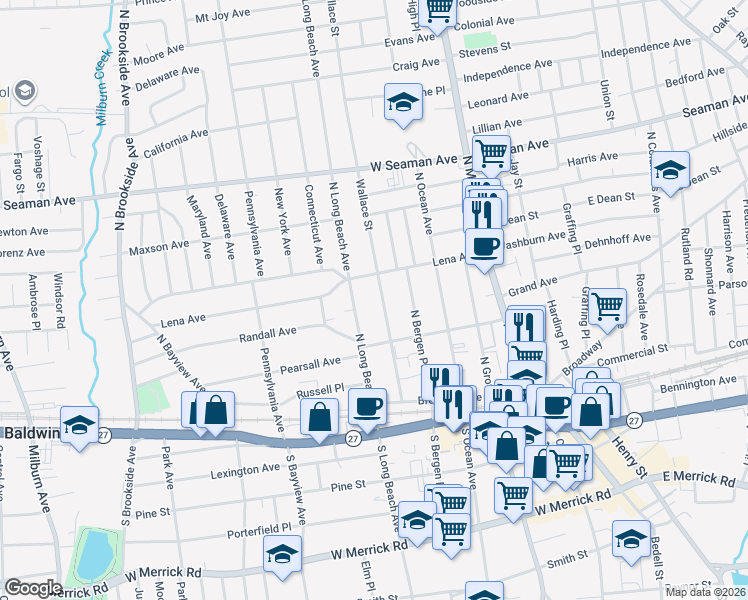 map of restaurants, bars, coffee shops, grocery stores, and more near 92 Wallace Street in Freeport