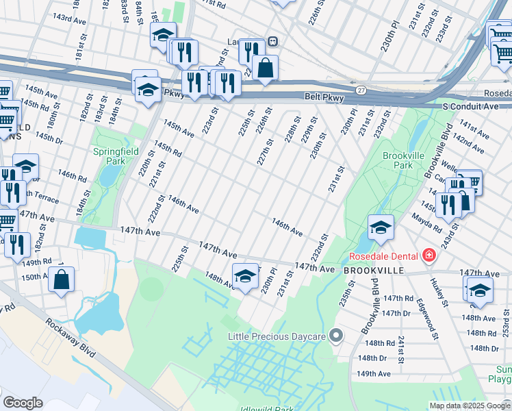 map of restaurants, bars, coffee shops, grocery stores, and more near 145-68 228th Street in Queens