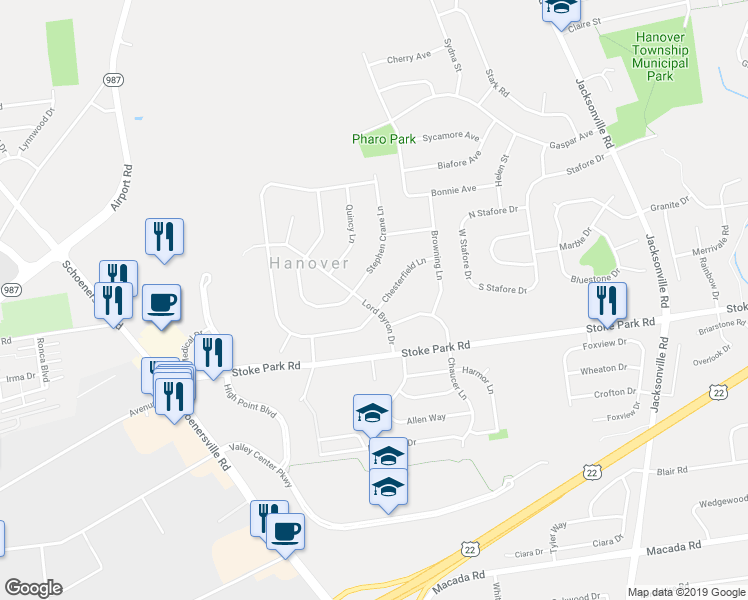 map of restaurants, bars, coffee shops, grocery stores, and more near 3520 Lord Byron Drive in Bethlehem