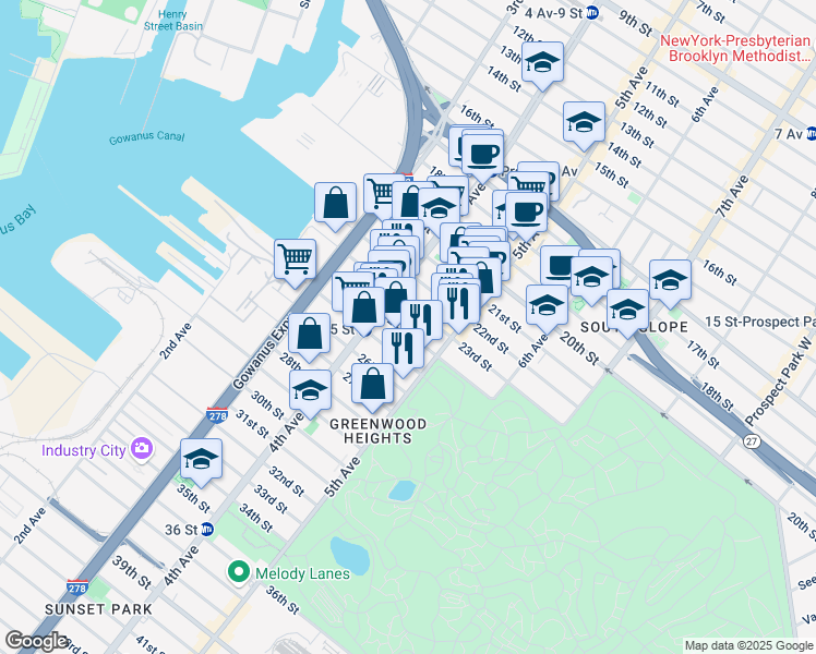 map of restaurants, bars, coffee shops, grocery stores, and more near 281 24th Street in Brooklyn