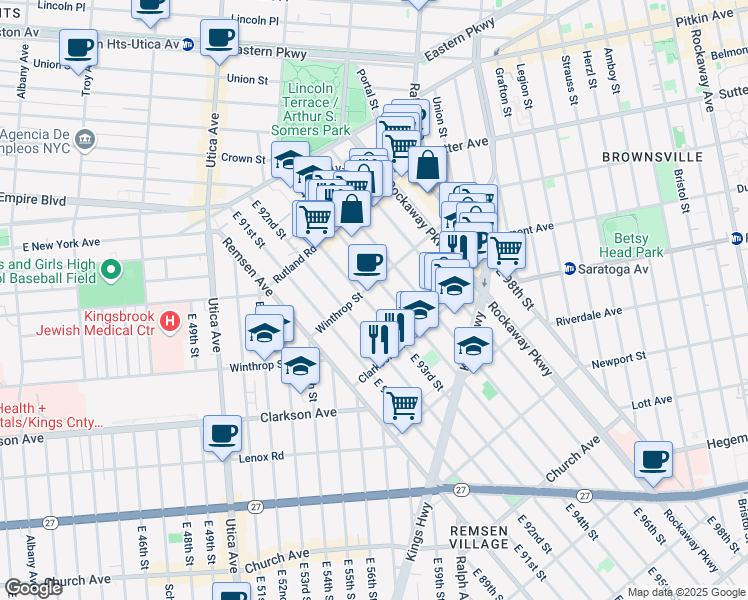 map of restaurants, bars, coffee shops, grocery stores, and more near 201 East 93rd Street in Brooklyn