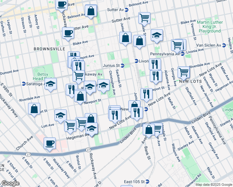map of restaurants, bars, coffee shops, grocery stores, and more near 475 Christopher Avenue in Brooklyn