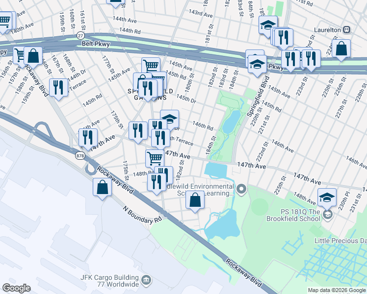 map of restaurants, bars, coffee shops, grocery stores, and more near 146-81 181st Street in Queens