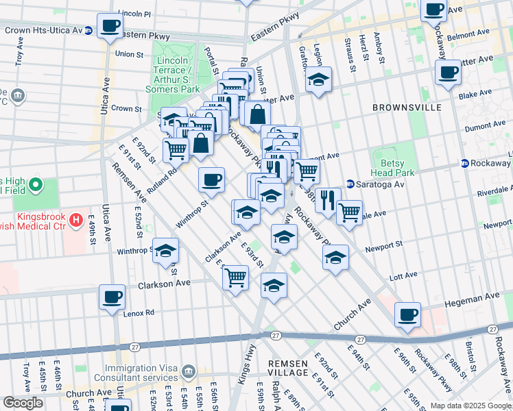 map of restaurants, bars, coffee shops, grocery stores, and more near 243 East 95th Street in Brooklyn