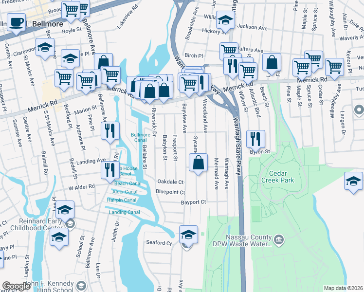 map of restaurants, bars, coffee shops, grocery stores, and more near 2426 Bayview Avenue in Wantagh