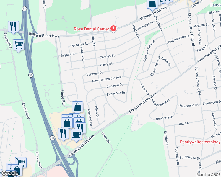 map of restaurants, bars, coffee shops, grocery stores, and more near 4805 Concord Drive in Easton