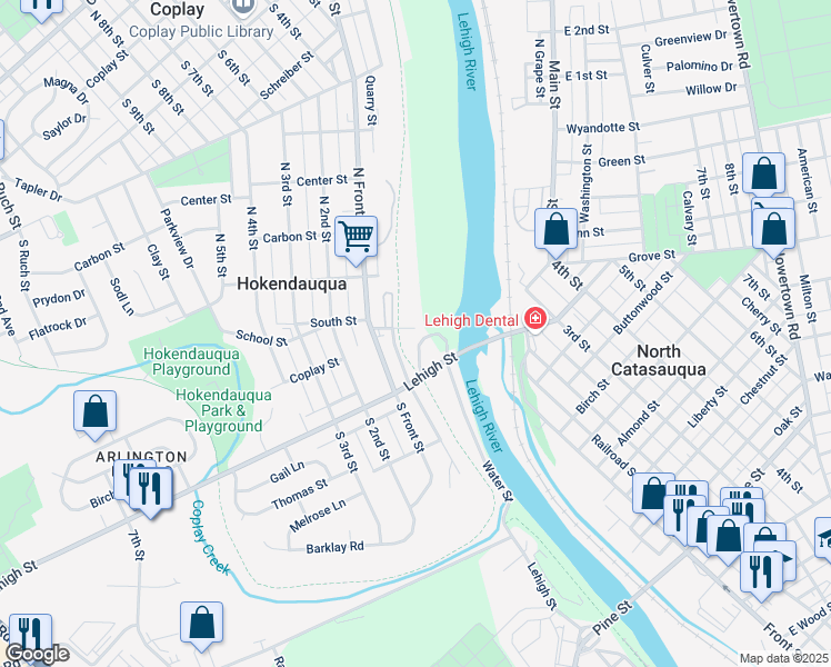map of restaurants, bars, coffee shops, grocery stores, and more near 3152 East Church Street in Hokendauqua