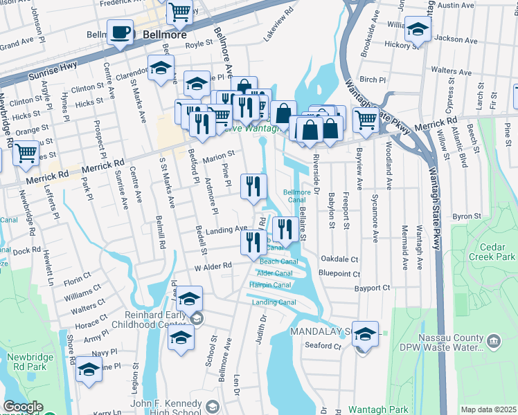 map of restaurants, bars, coffee shops, grocery stores, and more near 2565 Bellmore Avenue in Bellmore