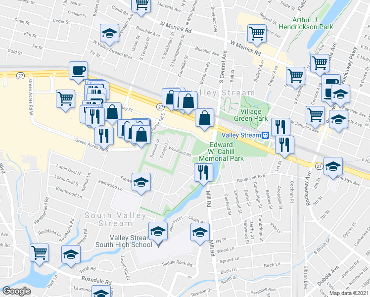 map of restaurants, bars, coffee shops, grocery stores, and more near 14 Ash Lane in Valley Stream