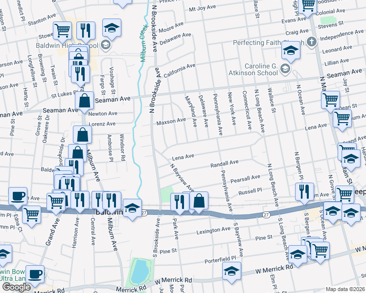 map of restaurants, bars, coffee shops, grocery stores, and more near 157 Wilson Place in Freeport