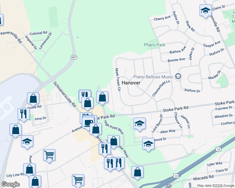 map of restaurants, bars, coffee shops, grocery stores, and more near 1847 Mark Twain Circle in Bethlehem
